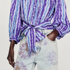 Camicia Corta In Seta Con Stampa A Fiori><noscript><img width=