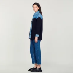 Cardigan Bimateriale Stile Giacca><noscript><img width=