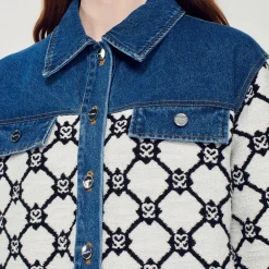 Cardigan-Cappotto In Maglia E Denim><noscript><img width=