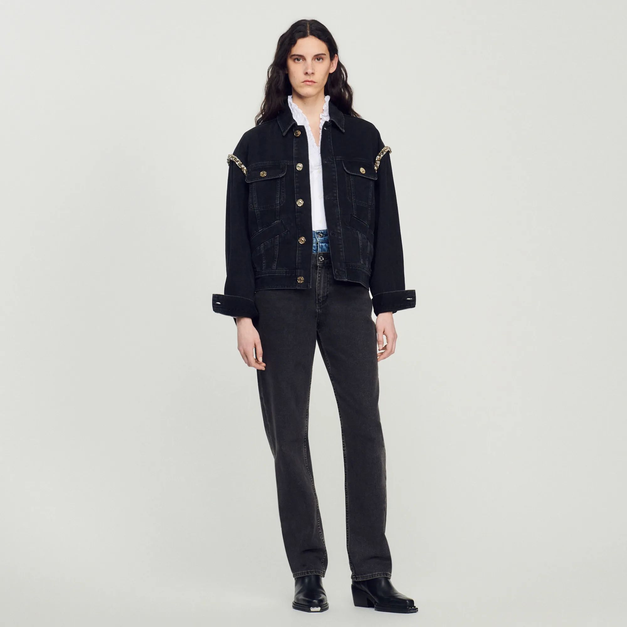Giacca In Jeans Oversize Con Strass>Sandro Paris Cheap