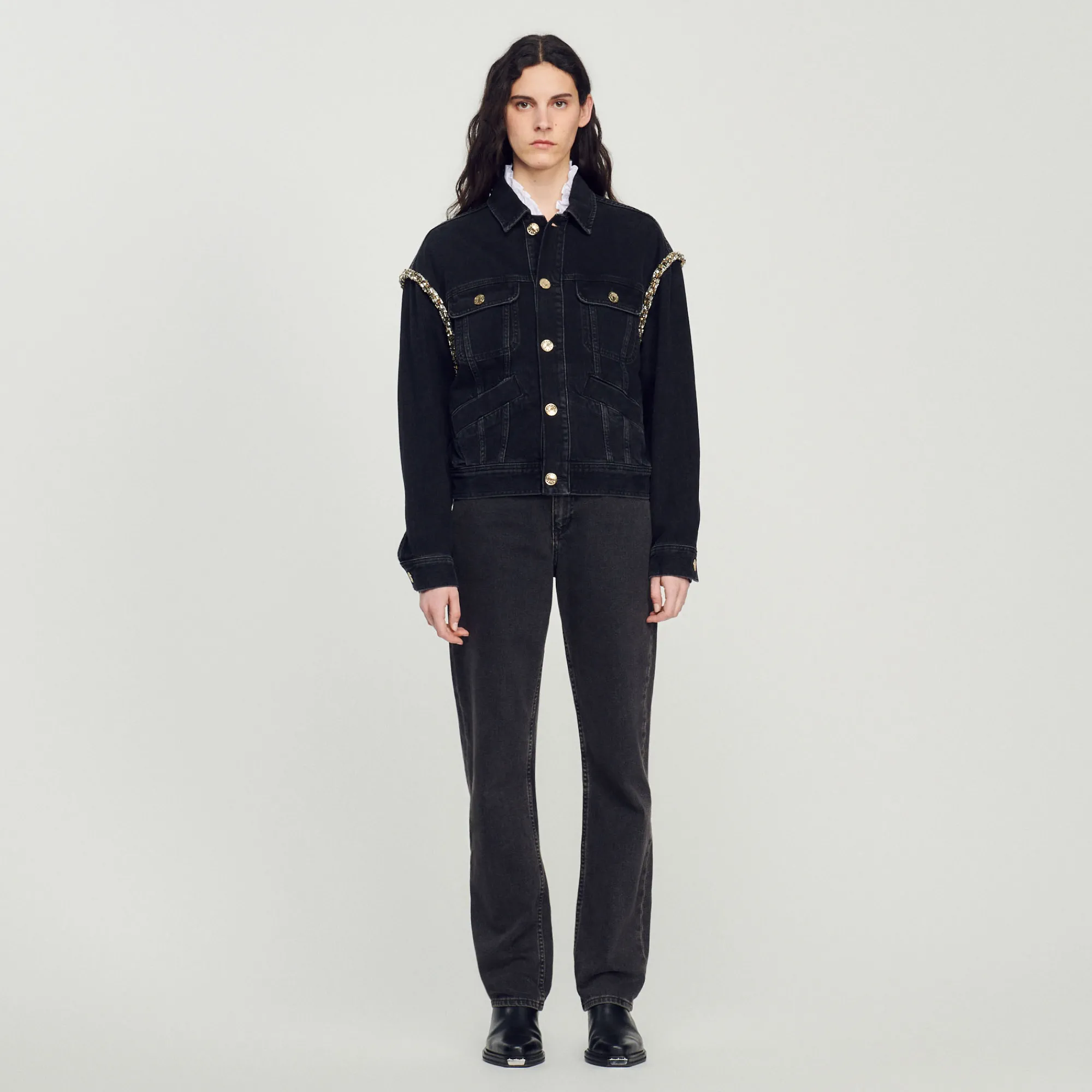 Giacca In Jeans Oversize Con Strass>Sandro Paris Cheap