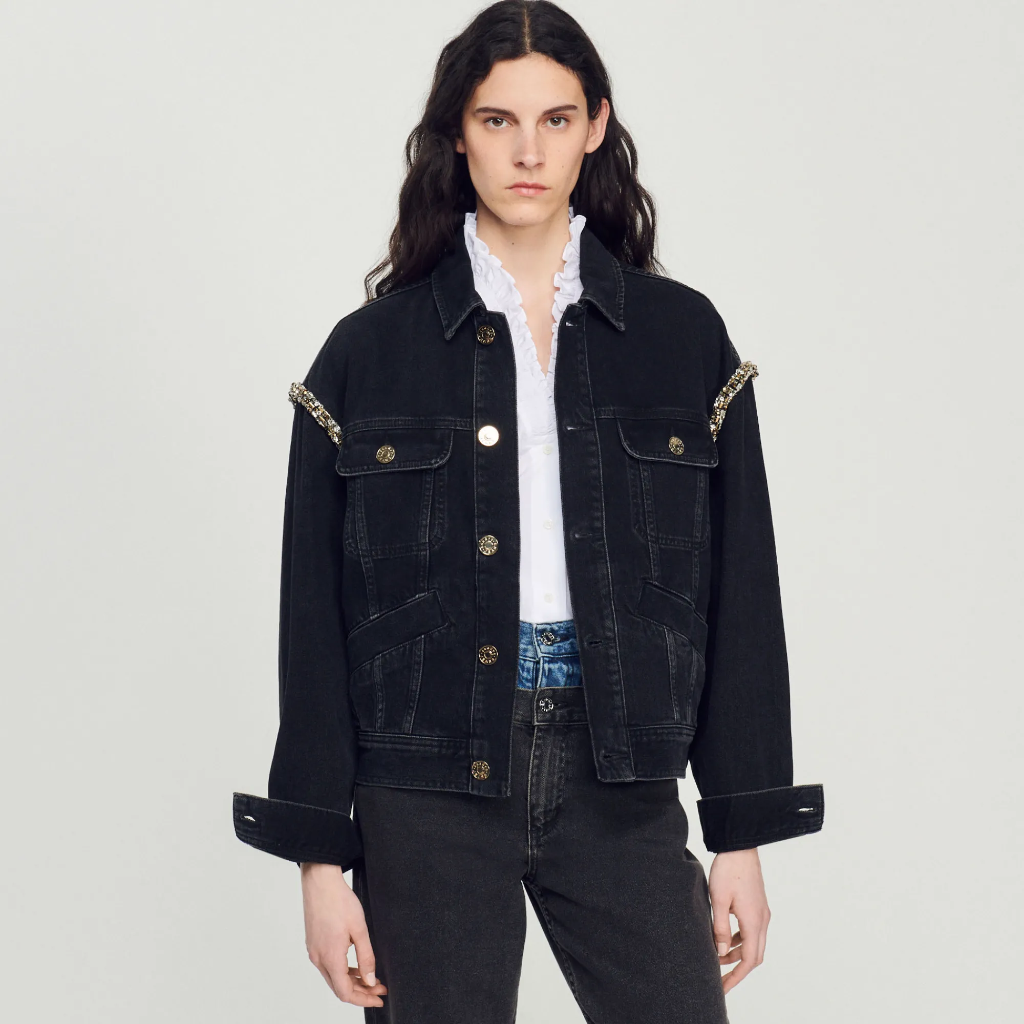 Giacca In Jeans Oversize Con Strass>Sandro Paris Cheap