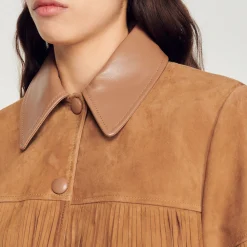Giacca Lunga In Pelle Con Frange><noscript><img width=