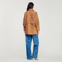 Giacca Lunga In Pelle Con Frange><noscript><img width=