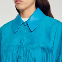 Giacca Lunga In Pelle Con Frange><noscript><img width=