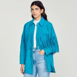 Giacca Lunga In Pelle Con Frange><noscript><img width=