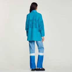 Giacca Lunga In Pelle Con Frange><noscript><img width=