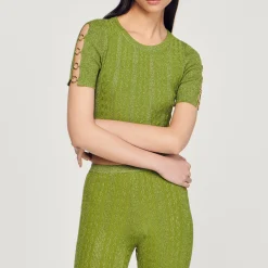 Pullover Corto In Maglia Metallizzata><noscript><img width=