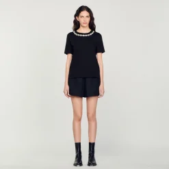 T-Shirt In Cotone Bio Con Collo Gioiello>Sandro Paris Flash Sale