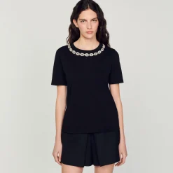 T-Shirt In Cotone Bio Con Collo Gioiello><noscript><img width=