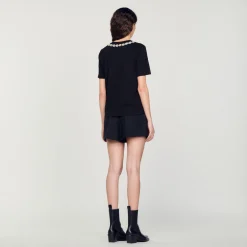 T-Shirt In Cotone Bio Con Collo Gioiello><noscript><img width=